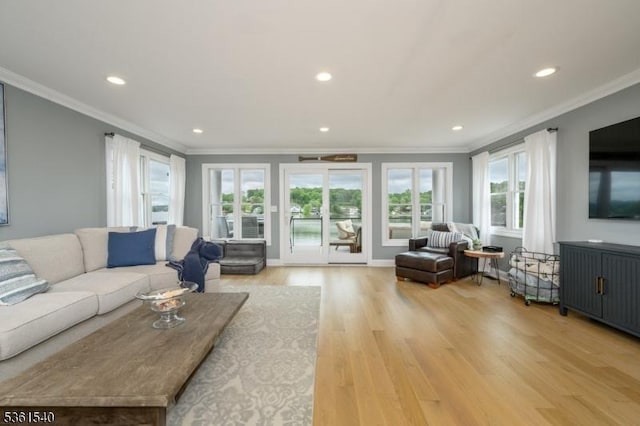 307 Squaw Trl, Hopatcong Boro, NJ 07821 - living room with crown molding, light wood-type flooring, and recessed lighting