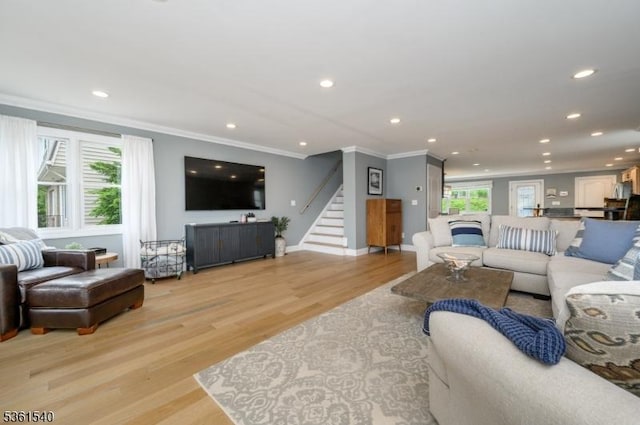 307 Squaw Trl, Hopatcong Boro, NJ 07821 - living room featuring ornamental molding, light wood finished floors, stairway, recessed lighting, and baseboards
