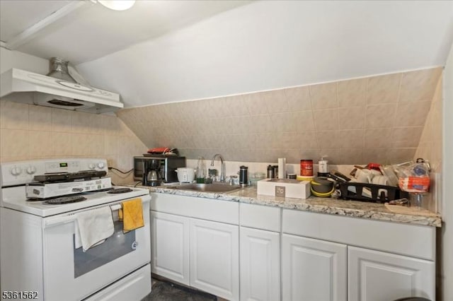 10 Hanover Ave, Hanover Twp, NJ 07981 - kitchen with electric range, custom exhaust hood, a sink, white cabinets, and lofted ceiling