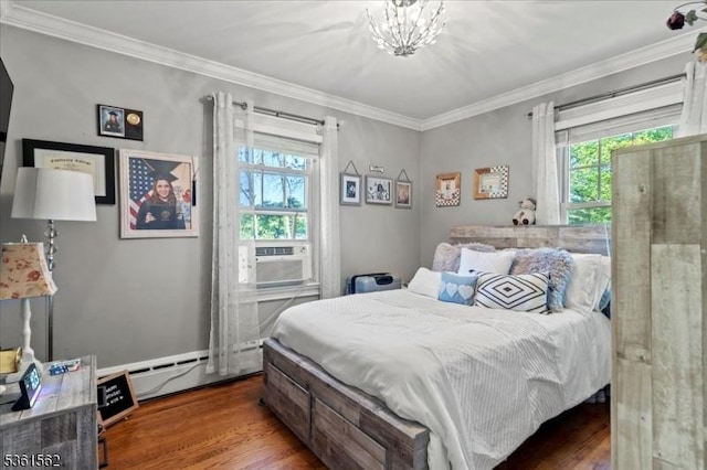10 Hanover Ave, Hanover Twp, NJ 07981 - bedroom with wood finished floors, ornamental molding, cooling unit, and a baseboard heating unit