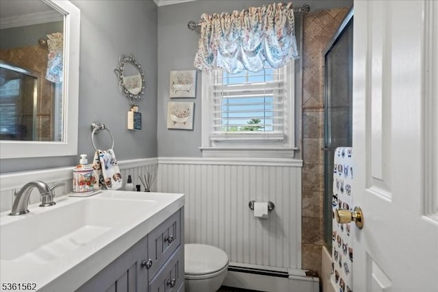 10 Hanover Ave, Hanover Twp, NJ 07981 - full bath with baseboard heating, a tile shower, vanity, toilet, and wainscoting