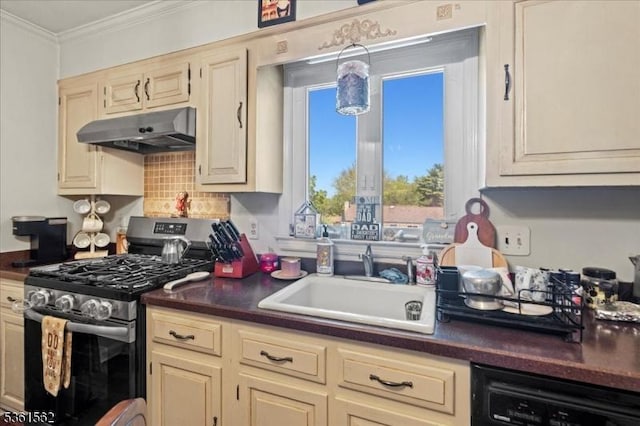 10 Hanover Ave, Hanover Twp, NJ 07981 - kitchen with stainless steel gas range oven, under cabinet range hood, a sink, crown molding, and black dishwasher