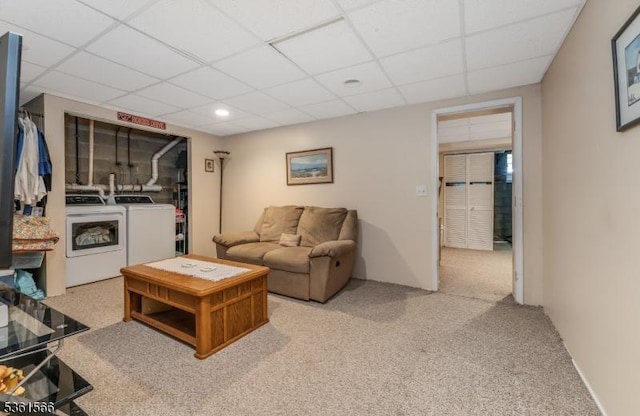 205 Burlington Ct, Raritan Twp, NJ 08822 - living area featuring washer and clothes dryer, a paneled ceiling, carpet, and recessed lighting