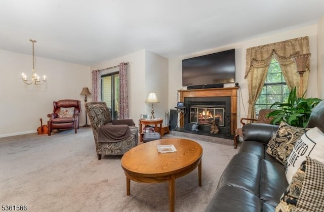 205 Burlington Ct, Raritan Twp, NJ 08822 - living area featuring healthy amount of natural light, a chandelier, a glass covered fireplace, and carpet