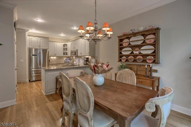 302 Lindabury Ln, Tewksbury Twp, NJ 07979 - dining space with a chandelier, ornamental molding, light wood-style flooring, and recessed lighting