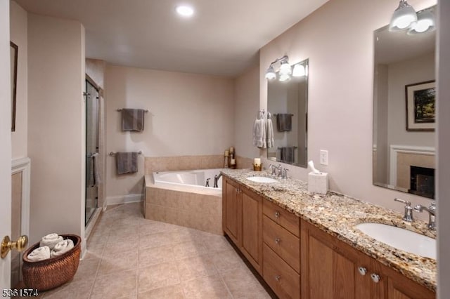 302 Lindabury Ln, Tewksbury Twp, NJ 07979 - full bath with a garden tub, double vanity, tile patterned floors, and a stall shower