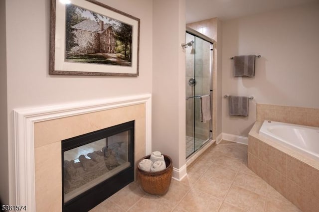 302 Lindabury Ln, Tewksbury Twp, NJ 07979 - full bath with a stall shower, a garden tub, tile patterned floors, and a multi sided fireplace