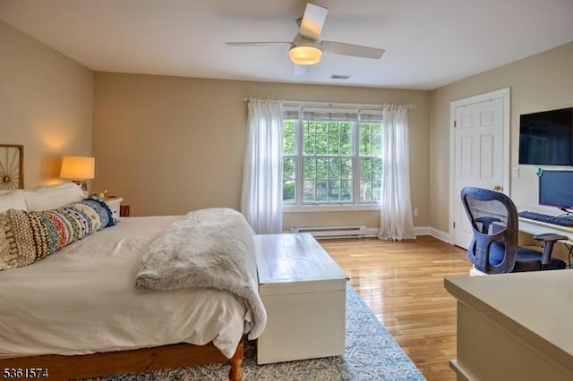 302 Lindabury Ln, Tewksbury Twp, NJ 07979 - bedroom with light wood-style floors, a baseboard radiator, and ceiling fan