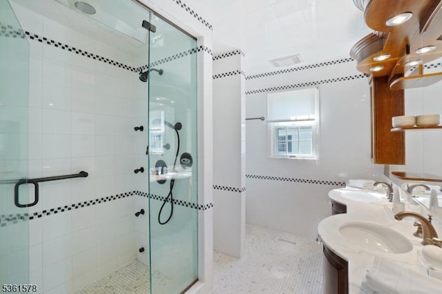 50H New England Ave Unit H, Summit City, NJ 07901 - full bath featuring a shower stall, double vanity, and tile patterned flooring