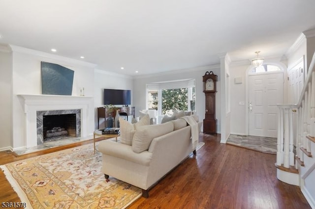 50H New England Ave Unit H, Summit City, NJ 07901 - living room featuring ornamental molding, stairway, wood finished floors, recessed lighting, and a fireplace