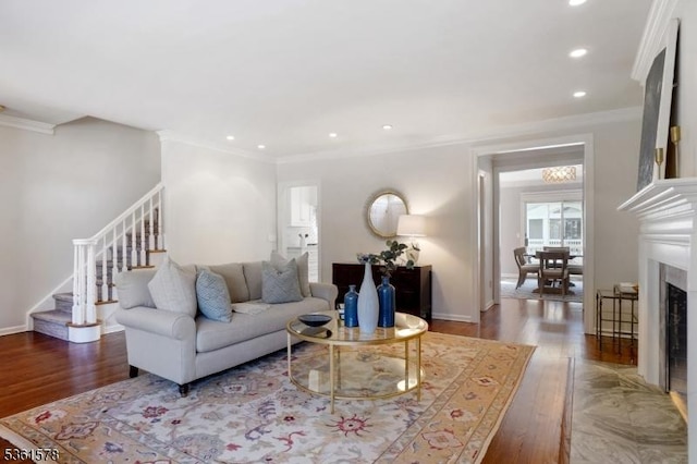 50H New England Ave Unit H, Summit City, NJ 07901 - living area with crown molding, stairway, wood finished floors, a fireplace, and recessed lighting