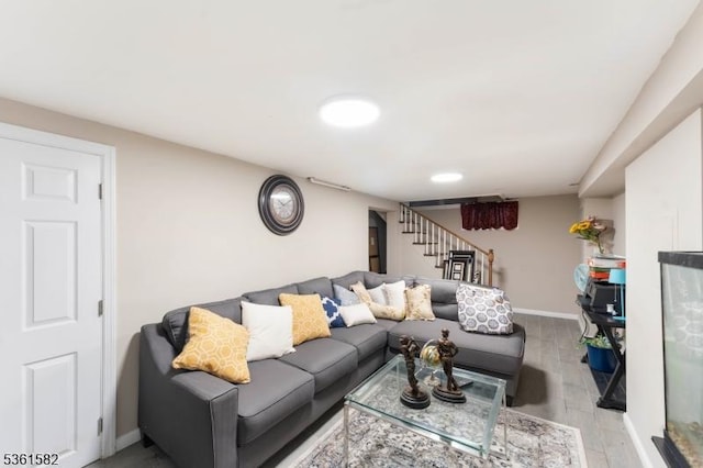 420 Hollywood Ave, Hillside Twp, NJ 07205 - living room featuring wood finished floors, baseboards, and stairs
