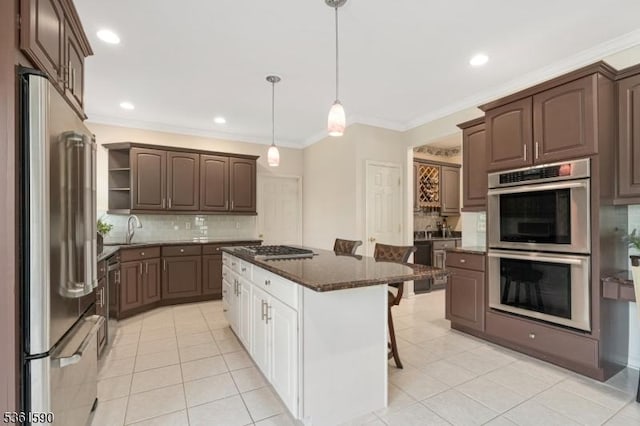 7 Links Ct, Sparta Twp, NJ 07871 - kitchen featuring stainless steel appliances, open shelves, backsplash, a kitchen breakfast bar, and light tile patterned flooring