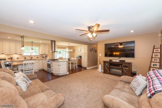10 Mountainview Rd, Roxbury Twp, NJ 07876 - living room featuring ceiling fan, a chandelier, recessed lighting, baseboards, and dark wood finished floors