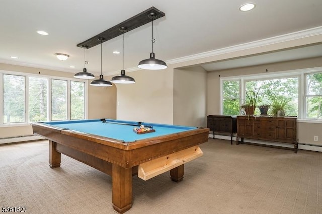 90 Libertyville Rd, Wantage Twp, NJ 07461 - recreation room featuring crown molding, recessed lighting, light colored carpet, billiards, and a baseboard radiator