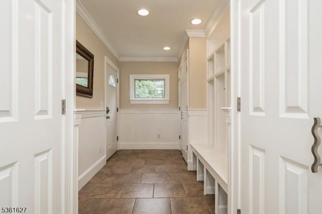 90 Libertyville Rd, Wantage Twp, NJ 07461 - mudroom with a wainscoted wall, crown molding, recessed lighting, and a decorative wall