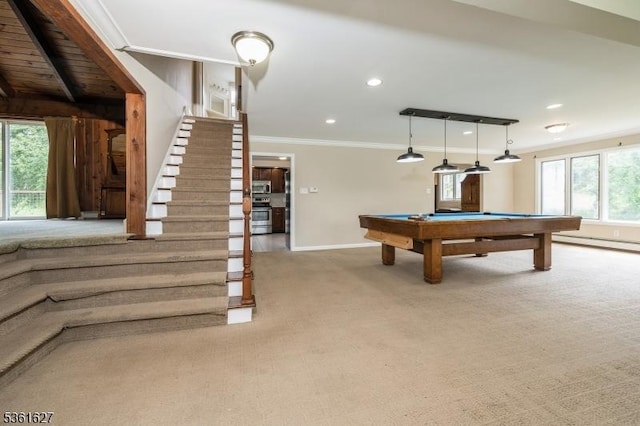 90 Libertyville Rd, Wantage Twp, NJ 07461 - playroom with ornamental molding, carpet, billiards table, baseboards, and recessed lighting