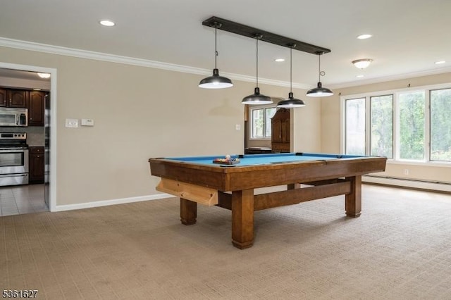 90 Libertyville Rd, Wantage Twp, NJ 07461 - game room with crown molding, billiards table, light colored carpet, baseboards, and a baseboard radiator