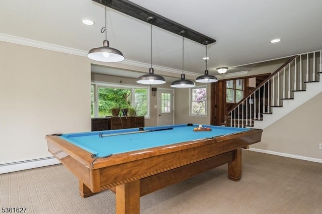 90 Libertyville Rd, Wantage Twp, NJ 07461 - rec room featuring carpet, billiards table, crown molding, baseboards, and a baseboard heating unit