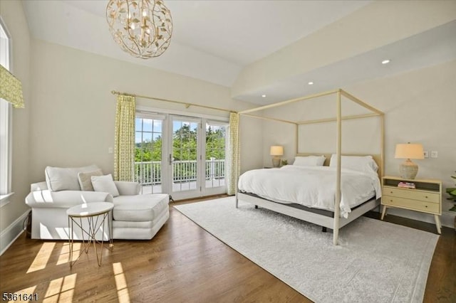 7 Shenandoah Ct, Washington Twp, NJ 07830 - bedroom featuring access to exterior, wood finished floors, a chandelier, lofted ceiling, and recessed lighting