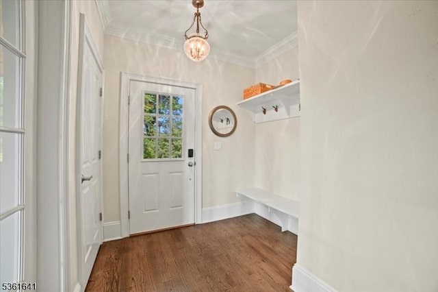 7 Shenandoah Ct, Washington Twp, NJ 07830 - mudroom with ornamental molding, dark wood-style floors, and a chandelier