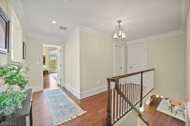 7 Shenandoah Ct, Washington Twp, NJ 07830 - hallway featuring an upstairs landing, a chandelier, ornamental molding, and wood finished floors