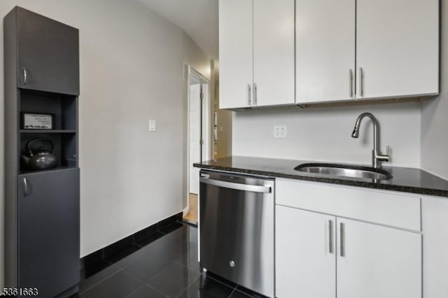 3315 Pleasant Ave Unit 314, Union City, NJ 07087 - kitchen with stainless steel dishwasher, a sink, dark stone counters, and white cabinets