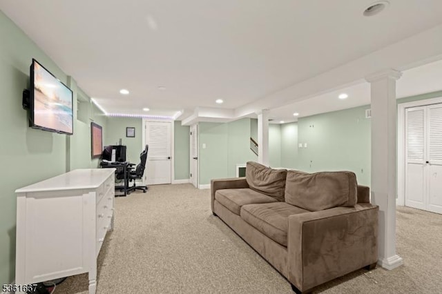 16 Old Chimney Rd, Randolph Twp, NJ 07869 - living area featuring light colored carpet, recessed lighting, a desk, and baseboards