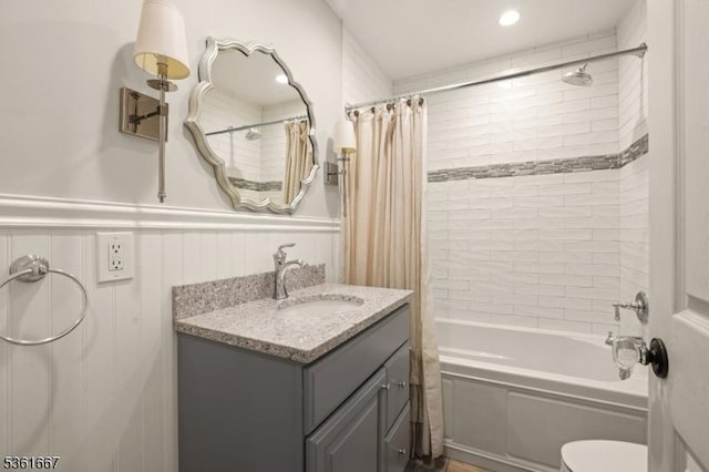 16 Old Chimney Rd, Randolph Twp, NJ 07869 - full bath with vanity, shower / bath combo, a wainscoted wall, and toilet