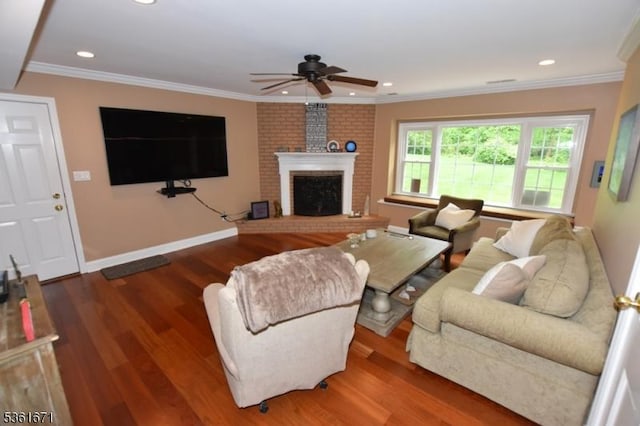 23 Pepperidge Rd, Morris Twp, NJ 07960 - living area with a ceiling fan, wood finished floors, a fireplace, crown molding, and baseboards