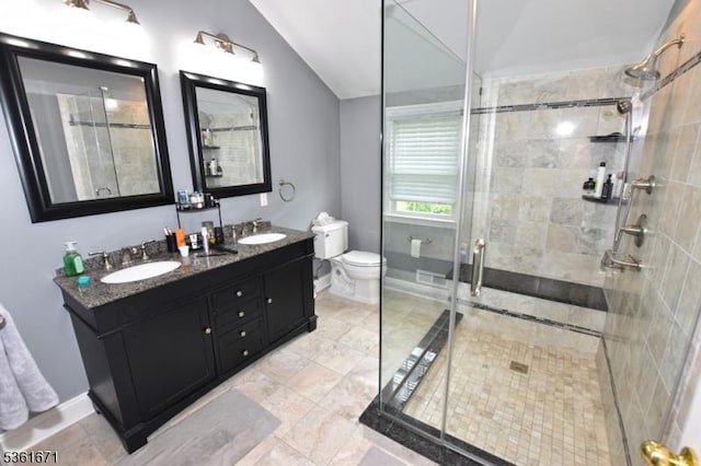 23 Pepperidge Rd, Morris Twp, NJ 07960 - full bath featuring a shower stall, double vanity, lofted ceiling, toilet, and baseboards