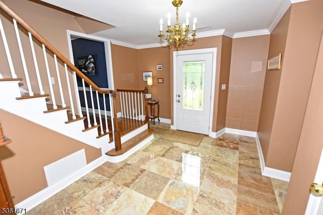 23 Pepperidge Rd, Morris Twp, NJ 07960 - entrance foyer featuring a chandelier, stairway, baseboards, and ornamental molding