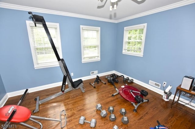 23 Pepperidge Rd, Morris Twp, NJ 07960 - workout area featuring baseboards, ornamental molding, wood finished floors, and a ceiling fan