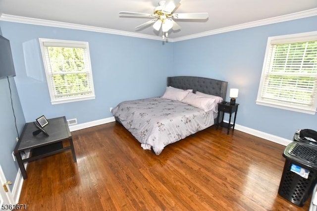 23 Pepperidge Rd, Morris Twp, NJ 07960 - bedroom featuring multiple windows, baseboards, ornamental molding, wood finished floors, and a ceiling fan
