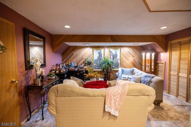 17 Iron Forge Vlg S, Pompton Lakes Boro, NJ 07442 - carpeted living area featuring wooden walls, recessed lighting, and a dry bar
