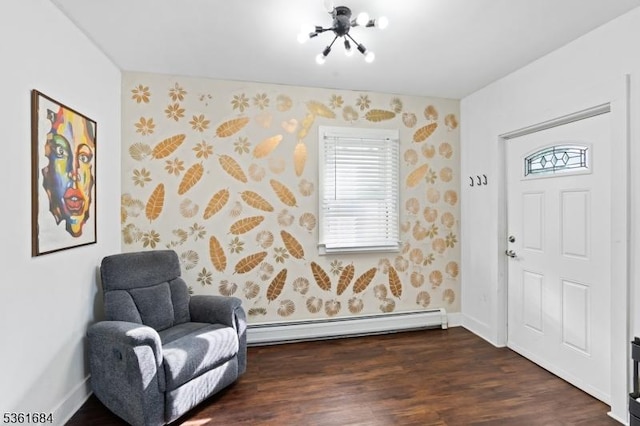 46 Harmony St, North Plainfield Boro, NJ 07060 - entryway with a baseboard heating unit, wallpapered walls, and dark wood-style flooring