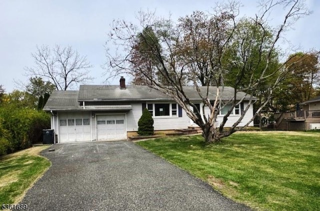 17 Hilltop Cir, Hanover Twp, NJ 07981 - ranch-style house with asphalt driveway, an attached garage, a front yard, and a chimney