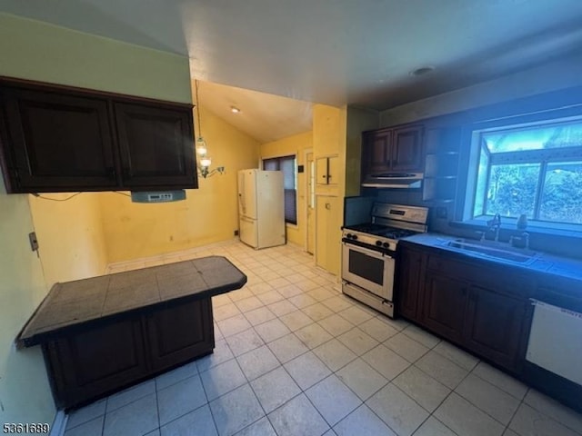 17 Hilltop Cir, Hanover Twp, NJ 07981 - kitchen with stainless steel gas stove, freestanding refrigerator, under cabinet range hood, a sink, and light tile patterned floors