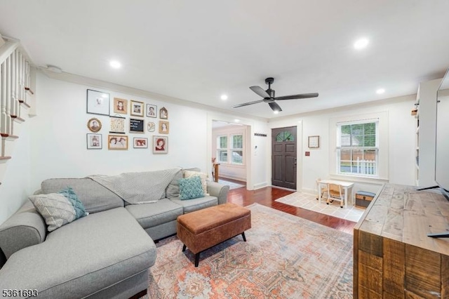 328 John St, Bound Brook Boro, NJ 08805 - living area with recessed lighting, a ceiling fan, wood finished floors, and stairway