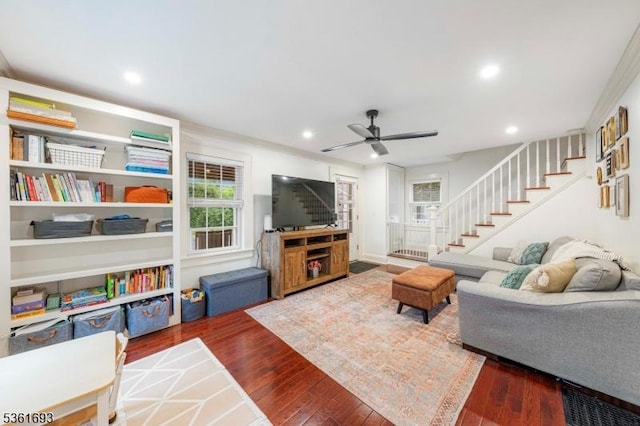 328 John St, Bound Brook Boro, NJ 08805 - living area featuring stairs, hardwood / wood-style floors, recessed lighting, a ceiling fan, and a fireplace