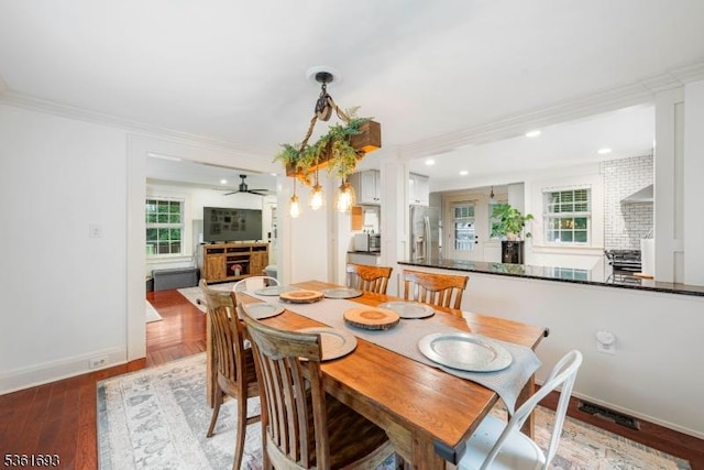 328 John St, Bound Brook Boro, NJ 08805 - dining area with plenty of natural light, a ceiling fan, ornamental molding, light wood-type flooring, and recessed lighting