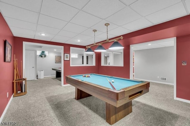 11 Wesley Rd, Hillsborough Twp, NJ 08844 - playroom featuring carpet floors, billiards table, a paneled ceiling, and baseboards