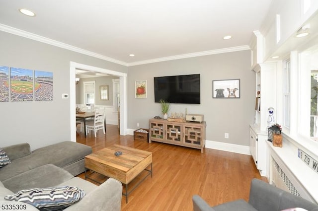 7 Clinton St, Morristown Town, NJ 07960 - living room with radiator, ornamental molding, baseboards, light wood-style flooring, and recessed lighting