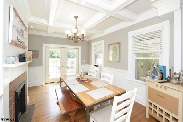 7 Clinton St, Morristown Town, NJ 07960 - dining room featuring beam ceiling, a chandelier, wainscoting, coffered ceiling, and wood finished floors