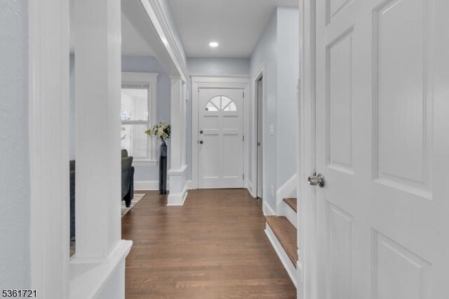 234 Trenton Ave, Clifton City, NJ 07011 - foyer entrance with dark wood-style floors, recessed lighting, stairs, and baseboards