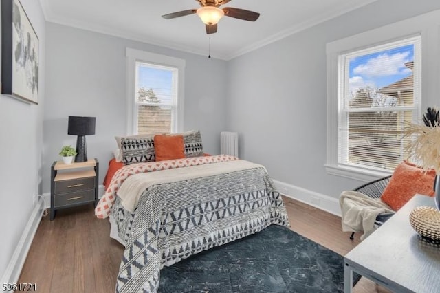 234 Trenton Ave, Clifton City, NJ 07011 - bedroom with ornamental molding, baseboards, wood finished floors, radiator heating unit, and a ceiling fan