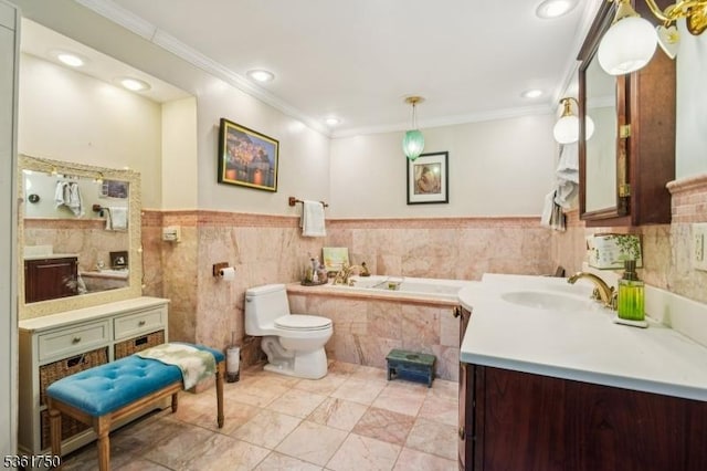 27 Fairway Dr, West Orange Twp, NJ 07052 - full bath with a garden tub, vanity, crown molding, toilet, and tile walls