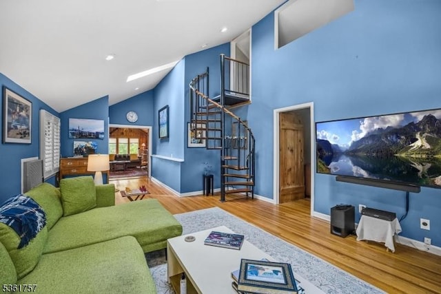 172 Alpine Trl, Sparta Twp, NJ 07871 - living room with stairs, high vaulted ceiling, wood finished floors, and baseboards