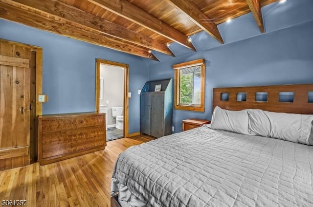 172 Alpine Trl, Sparta Twp, NJ 07871 - bedroom with wood finished floors, wooden ceiling with exposed beams, and connected bathroom