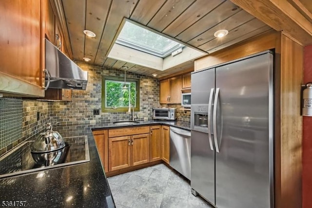 172 Alpine Trl, Sparta Twp, NJ 07871 - kitchen with appliances with stainless steel finishes, a sink, a skylight, range hood, and backsplash